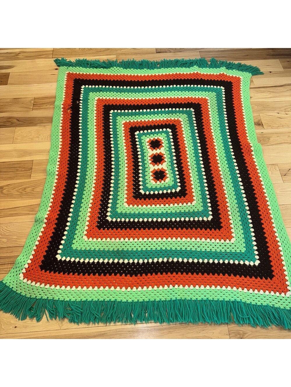 Vintage 1970s Handmade Crochet Afghan Blanket Retro Granny Square Fringe 64x50